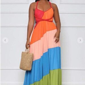 Rainbow Chiffon Flowing Maxi Dress Tiered Color block Music Festival Party